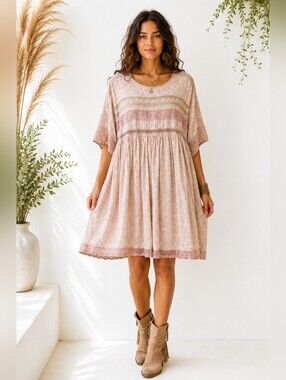 Olivaceous Blush Pink Boho Babydoll Dress | Lace Trim Cottagecore | Size S